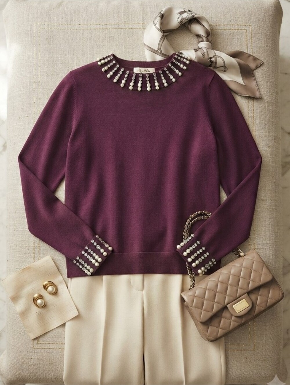 Adrianna Papell Purple Rhinestone Pearl Embellished Long Sleeve Knit Blouse Top